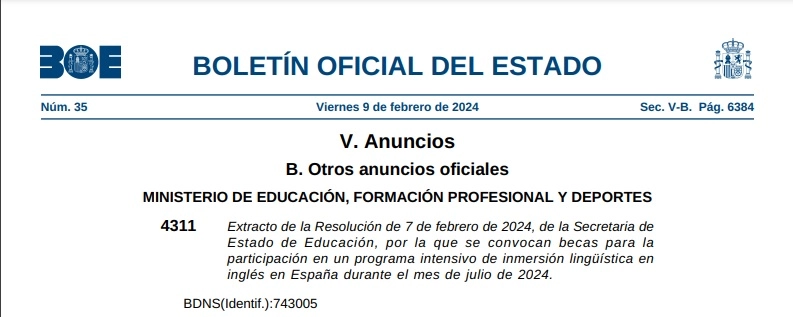 BOE 9 febrero 2024 becas inmersion en ingles