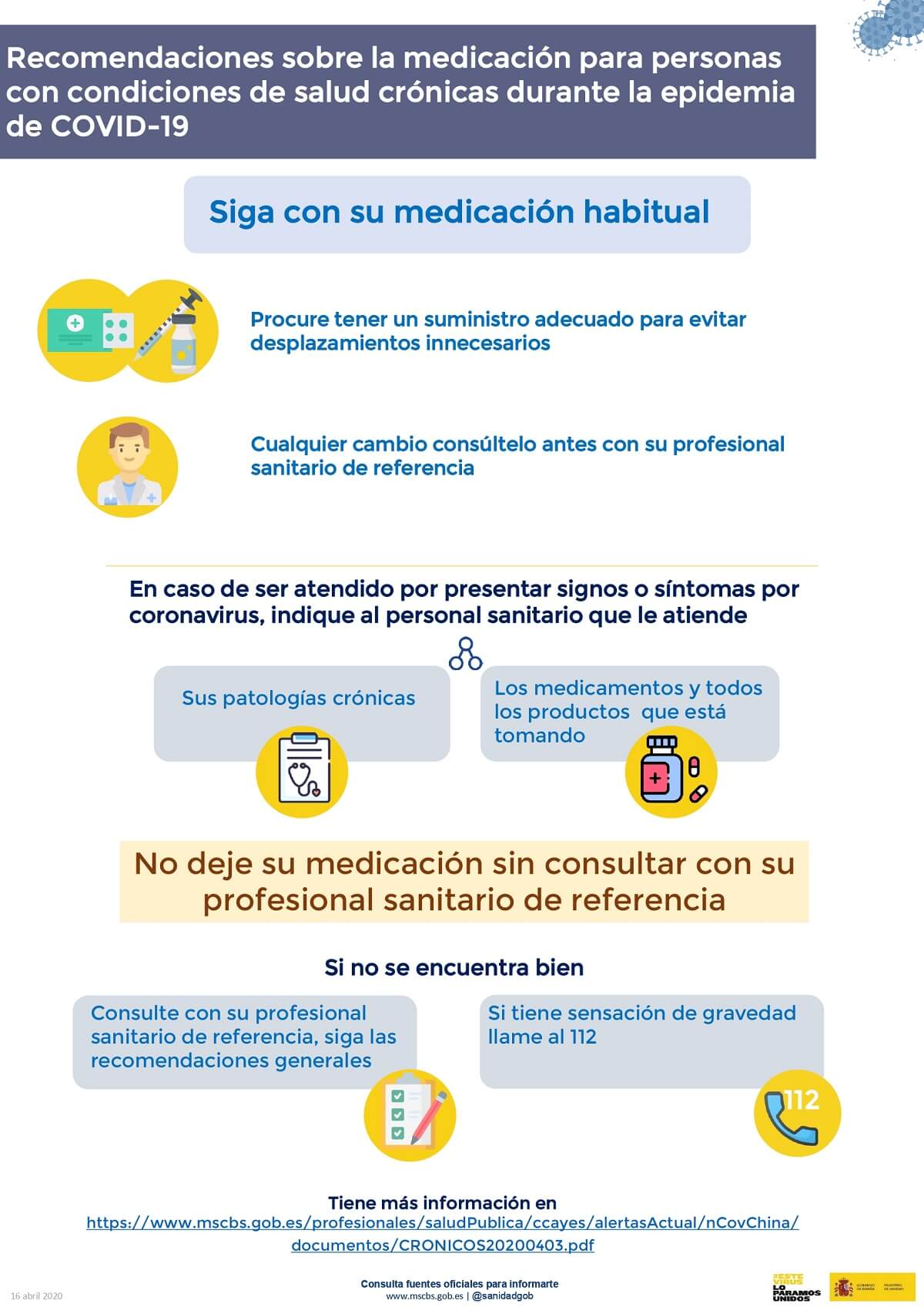 Recomendaciones sobre la medicación para personas con condiciones de salud crónicas durante la epidemia de COVID-19