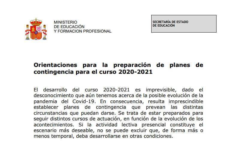Orientaciones planes de contingencia curso 2020 2021