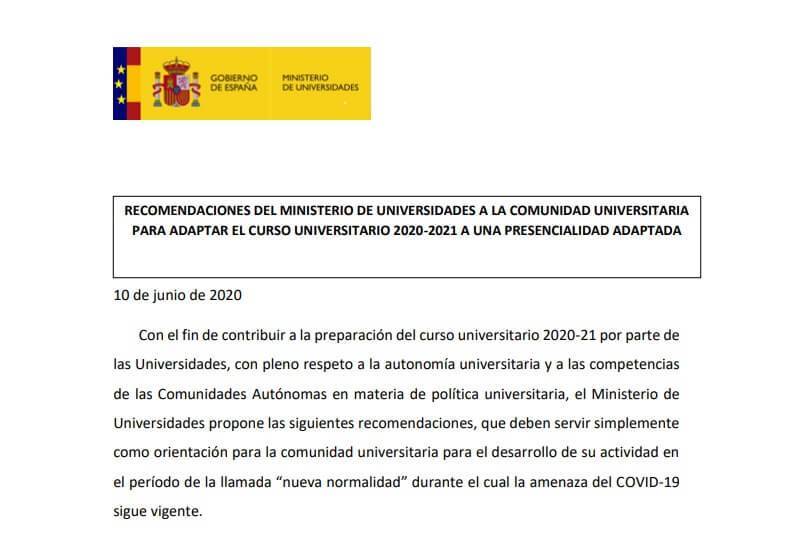 Recomendaciones del Ministerio de Universidades para adaptar curso 2020 2021