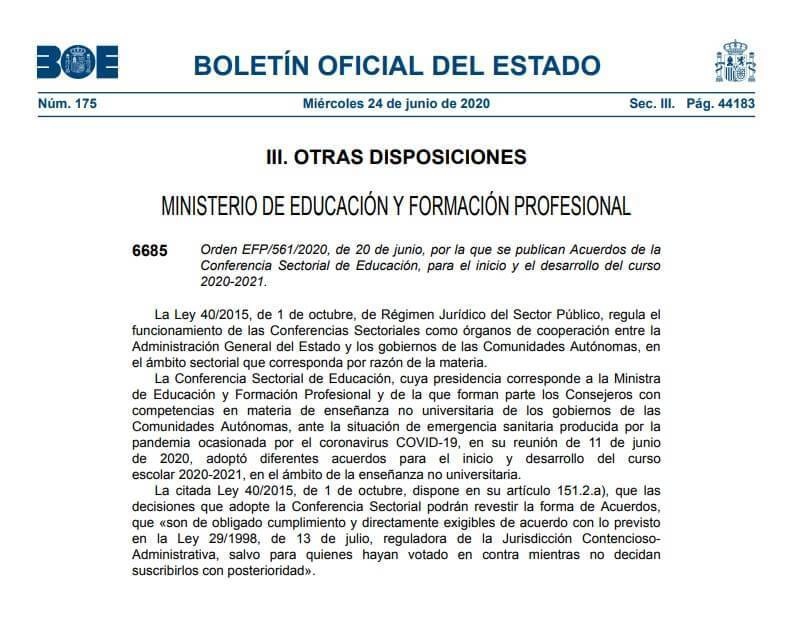 acuerdos de la conferencia sectorial de educacion boe 24 junio 2020