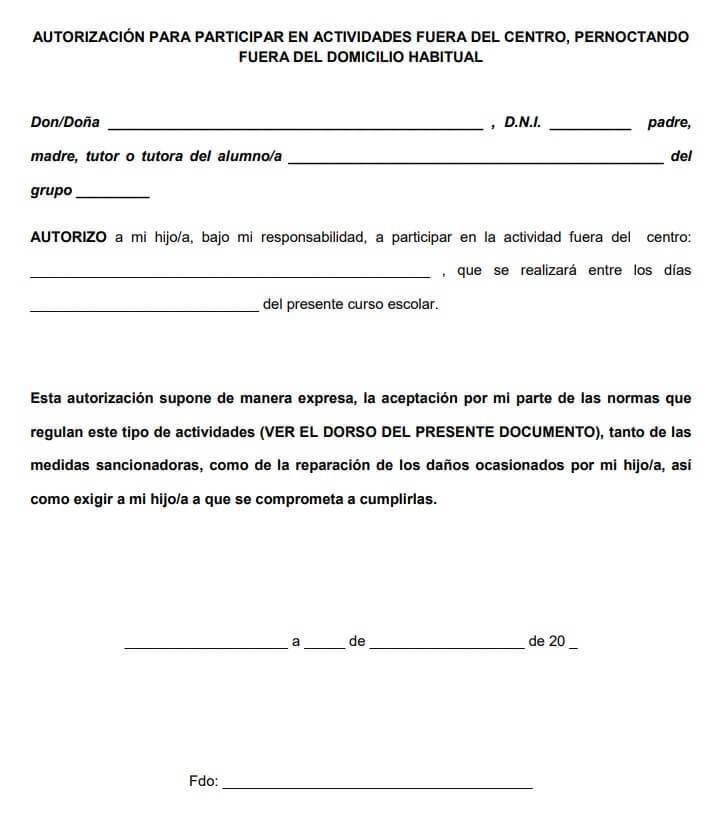 autorizacion actividades complementarias y extraescolares con pernocta