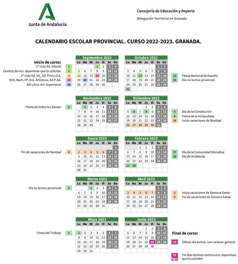 calendario escolar 2022-2023 granada junta de andalucia