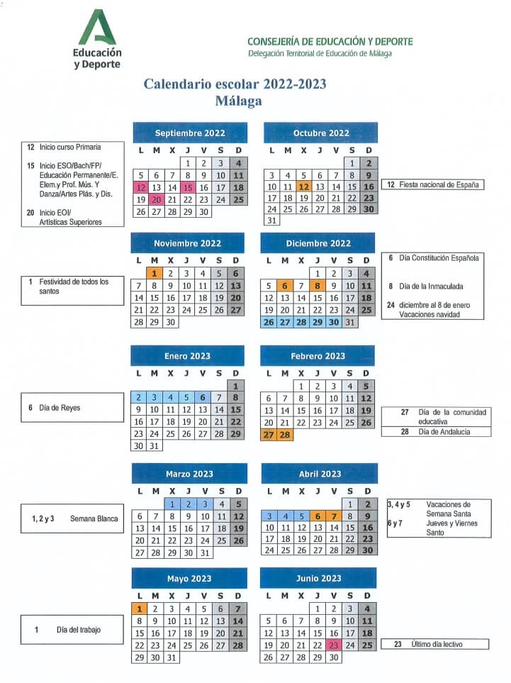 calendario escolar 2022-2023 malaga junta de andalucia