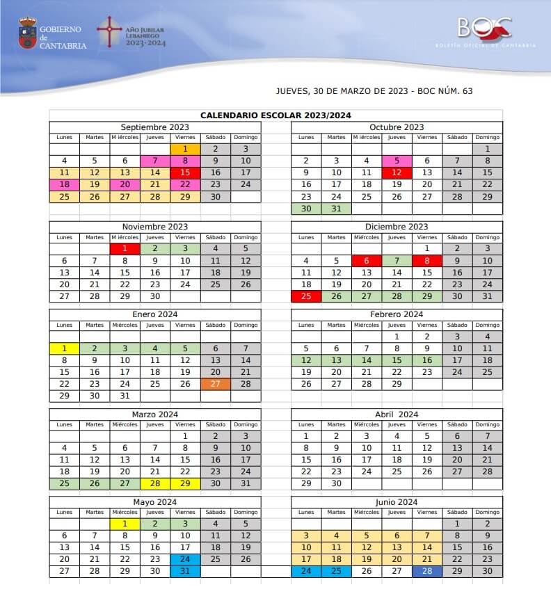 Calendario escolar 20232024 en Cantabria 🗓️ 🏕️☀️