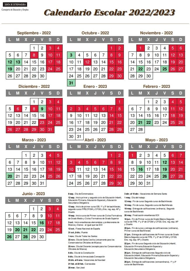 calendario escolar extremadura 2022-2023