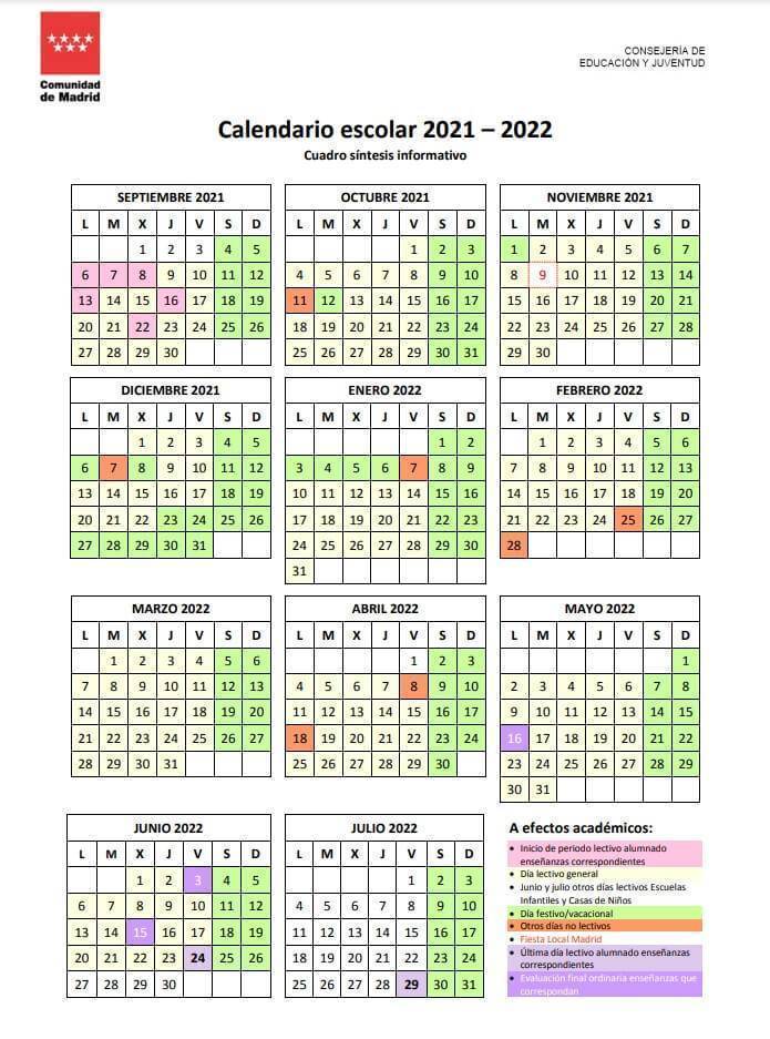 Calendario escolar 2021-2022 en Madrid ðŸ—