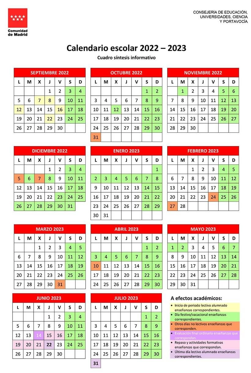 Calendario escolar 2022-2023 en Madrid 🗓️ 🏕️☀️
