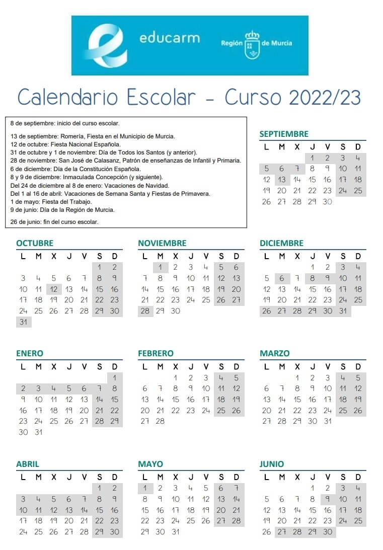 Calendario escolar murcia 2022-2023