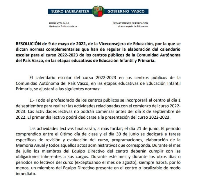 Calendario escolar pais vasco 2022-2023