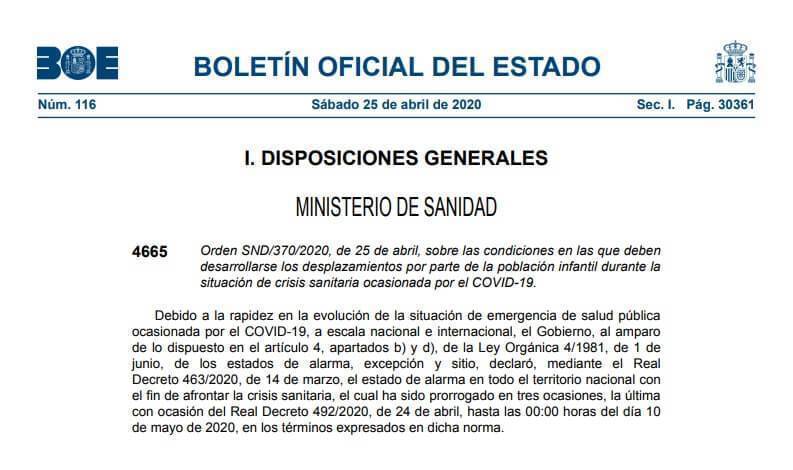 condiciones BOE para salir con ninos durante el confinamiento