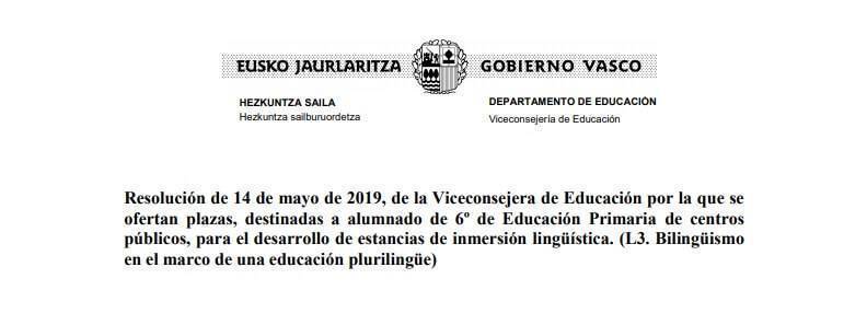 estancias de inmersion en ingles para sexto de primaria financiadas por el gobierno vasco