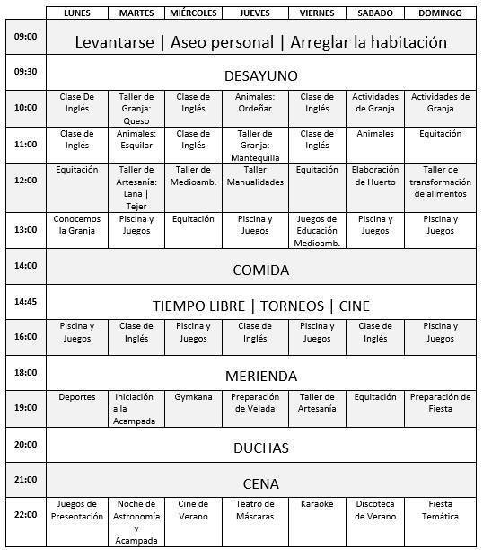 horarios campamentos granja escuela el alamo