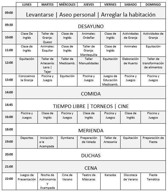 horarios campamentos granja escuela el alamo