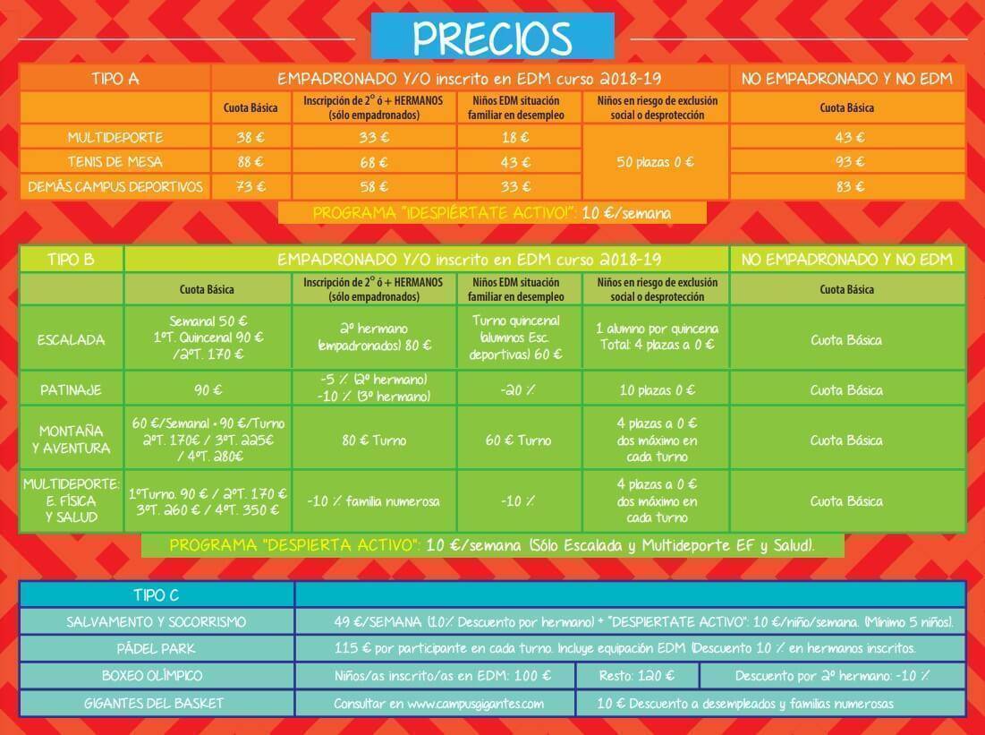 precios campus deportivos 2019 ayuntamiento leon