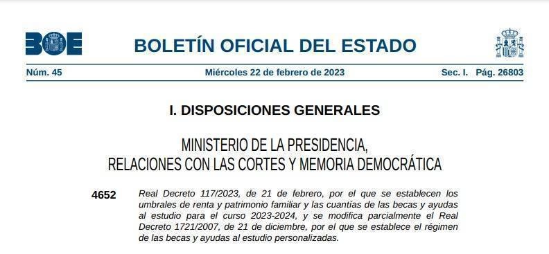 real decreto umbrales cuantias becas mec 2023-2024